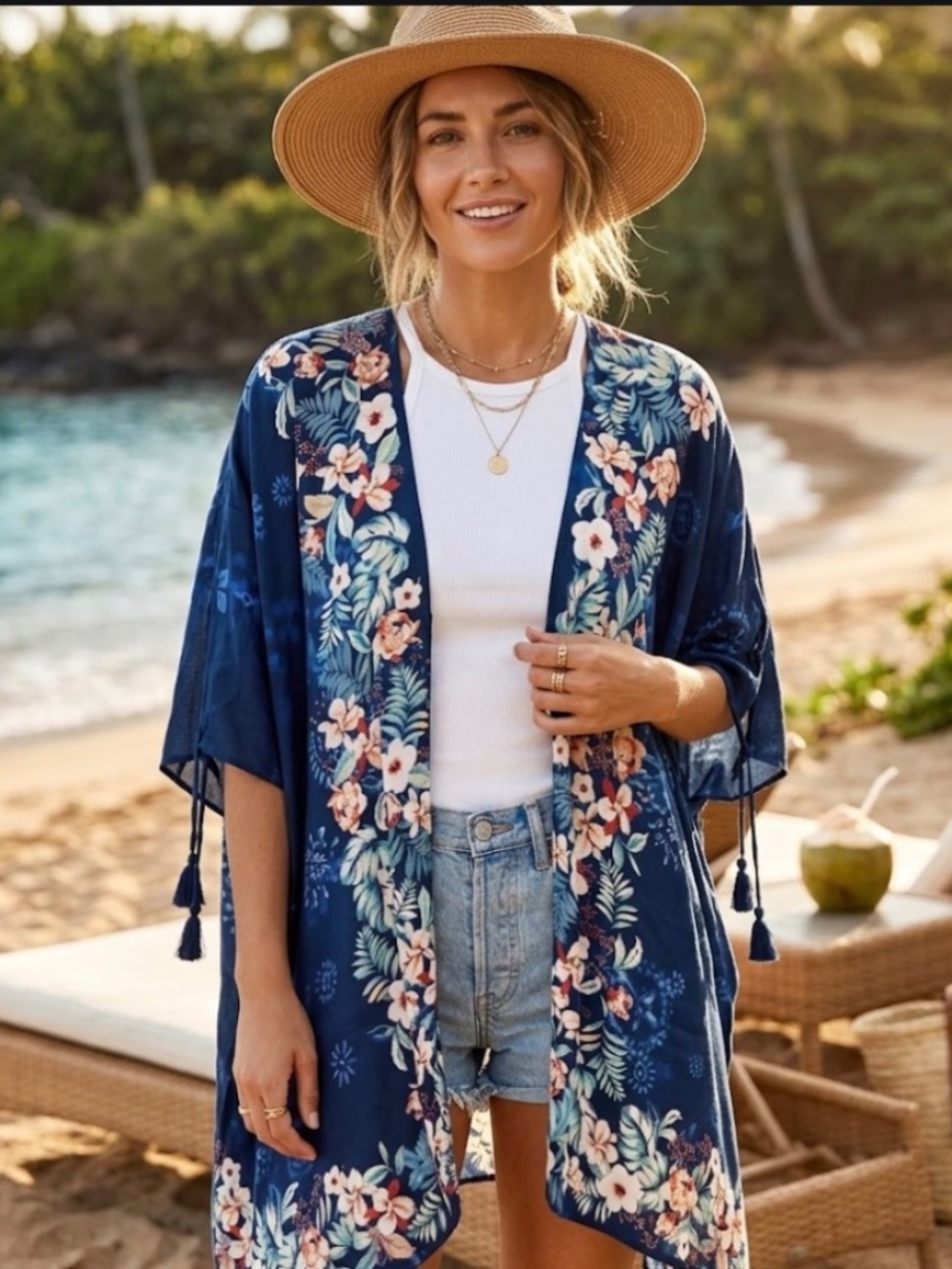 Johnny Was Annia Kimono Small NWT Blue Floral Boho Silk Tassel Sleeve Cover Up